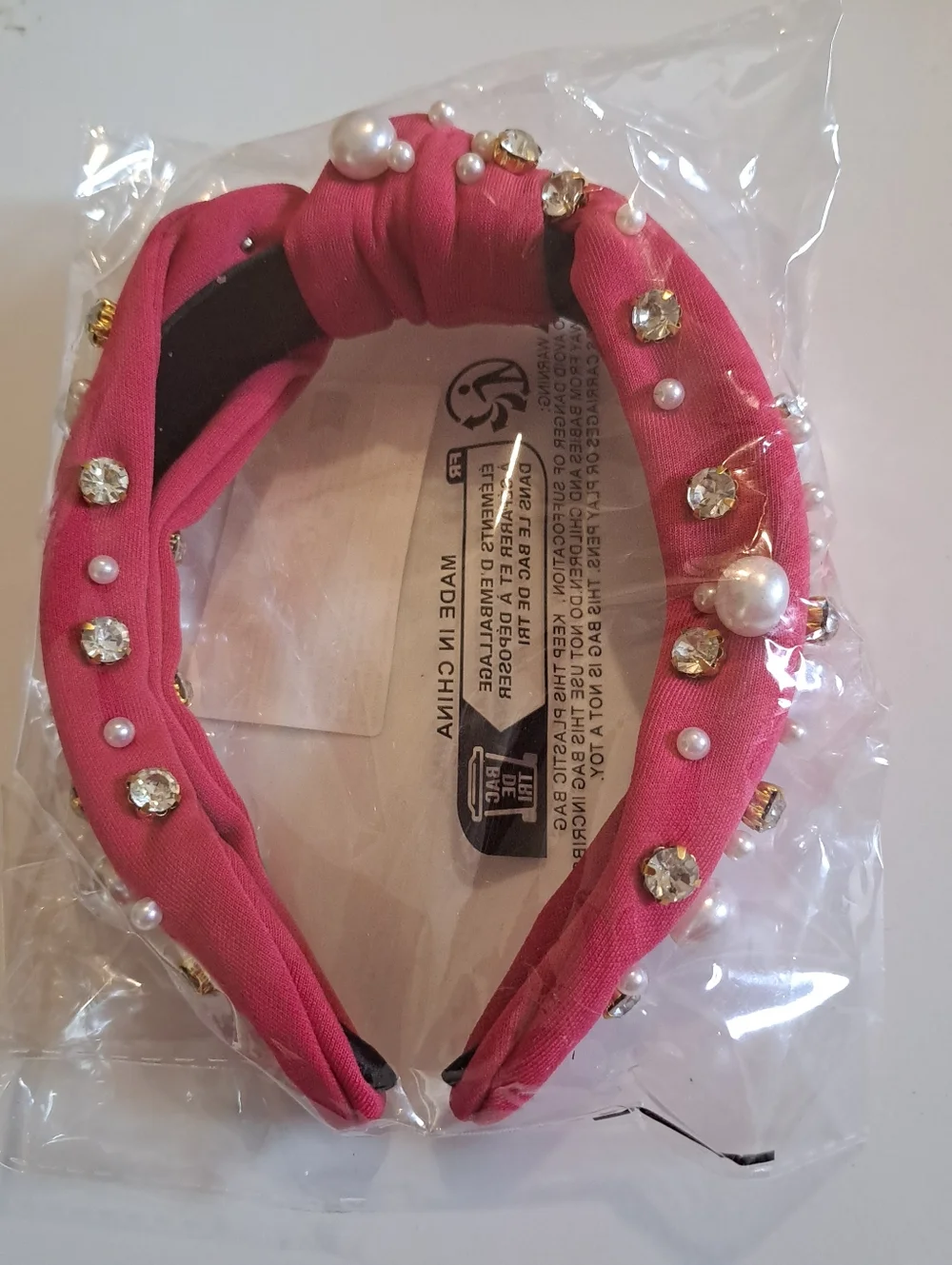 Rose Pink Faux Pearl & Rhinestone Knotted Headband - Wide, Solid Color